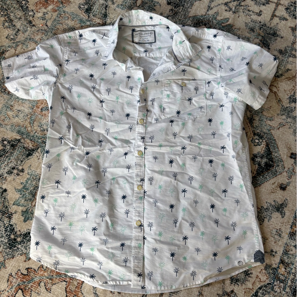 White Button-Up Shirt with Palm Tree Pattern